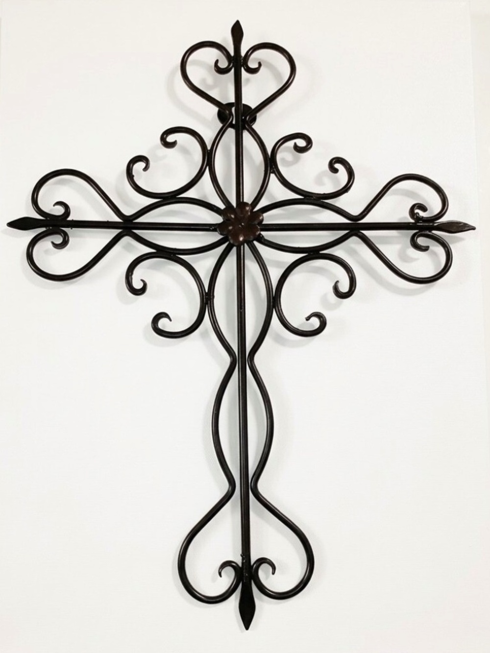 Black Wrought Iron Scrolling Wall Cross 15x11 Metal Swirl Filigree Gothic Heart